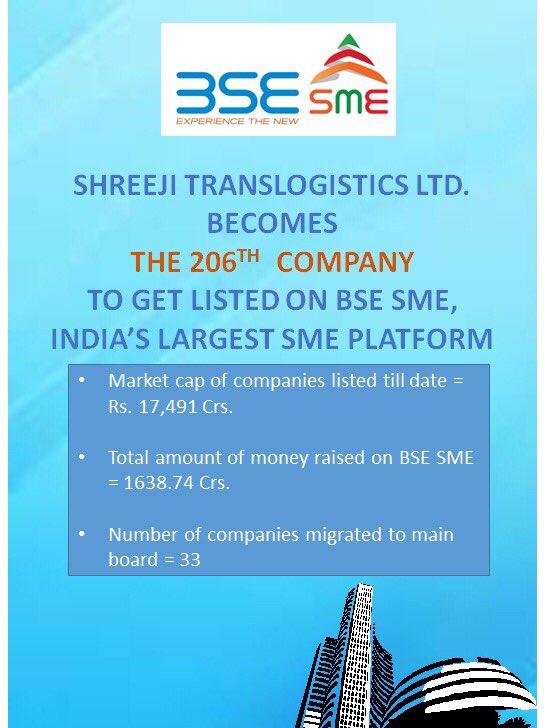 BSESME's tweet photo. We welcome Shreeji Translogistics Ltd to be 206th company to get listed on BSE SME Platform today. https://t.co/6CBTiJOjiF