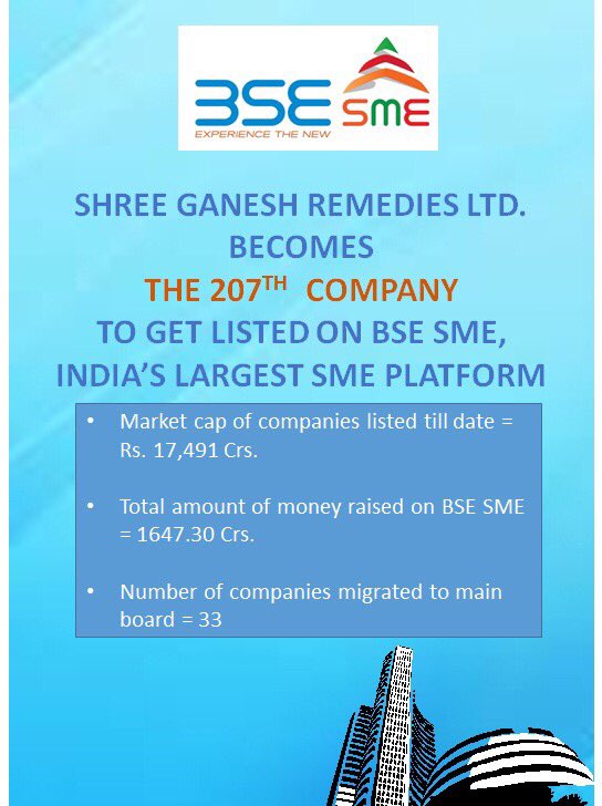 BSESME's tweet photo. We welcome Shree Ganesh Remedies Ltd to be 207th company to get listed on BSE SME Platform today. https://t.co/4Vn4ixgIbz