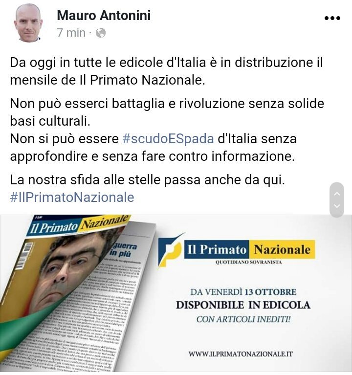 AntoniniMauro's tweet photo. Da oggi #13ottobre hai un buon motivo per andare in edicola.

In bocca al lupo agli amici de #IlPrimatoNazionale https://t.co/Cyy4fLhwvl