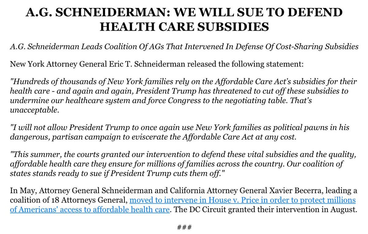kylegriffin1's tweet photo. NY AG Eric Schneiderman says he'll sue if Trump scraps ACA cost-sharing subsidies. https://t.co/fDhheCTmCS