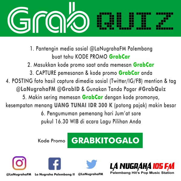 lanugrahafm's tweet photo. Kamu udah pesen #grabcar &amp; dicapture?nanti sore diacara LaguPilihanAnda pengumuman pemenang hadiah uang 300K(dipotongpajak) #GrabQuiz https://t.co/IkhD5gNysC