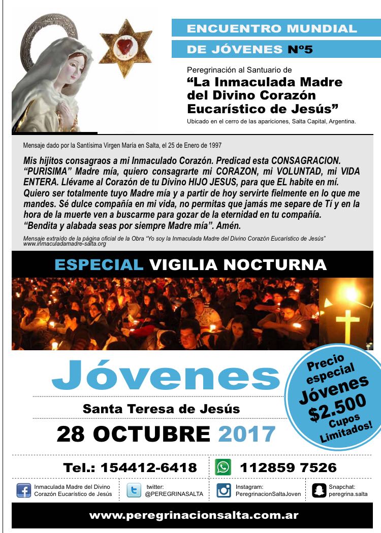 PEREGRINASALTA's tweet photo. 📢No te pierdas la próxima #Peregrinación👍
#EncuentroJóvenes + #VigiliaNocturna del próximo 28 Octubre!
📞154412-6418
https://t.co/uzYzyqkZRl https://t.co/VDiA12MD54