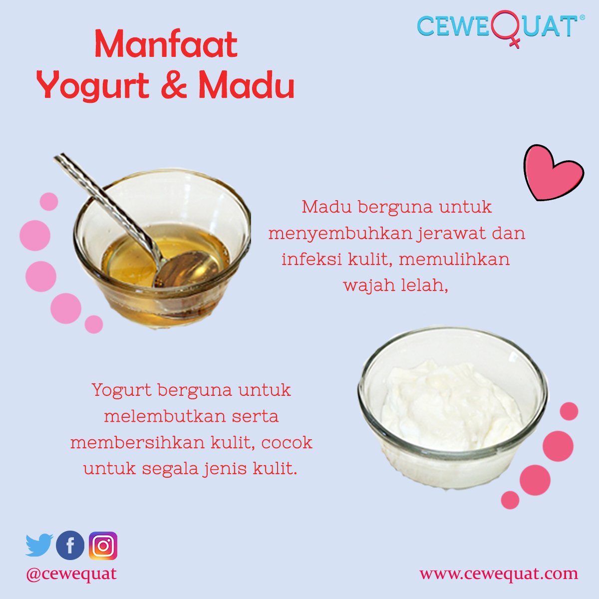 Yogurt dan Madu sangat banyak manfaatnya loh guys untuk kecantikan kita, apa saja ya manfaatnya?
Selengkapnya di IG <a href="/cewequat/">CeweQuat Community</a> :)
