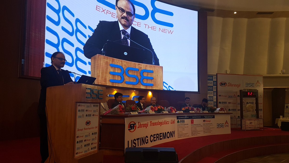 BSEIndia's tweet photo. Shri Ajay Thakur, Head - SME, #BSE spkg at the Listing ceremony of Shreeji Translogistics Ltd on 13th October 2017 @BSEIndia @BSESME https://t.co/WP3TbNUzOZ