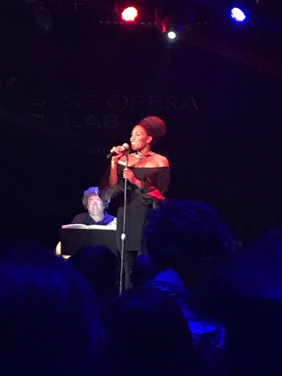 SFOpera's tweet photo. .@jnaimarie sings excerpt from upcoming world premiere of #GoldenWestSF at #SFOperaLab #Operalectronica @mezzanineSF https://t.co/x35o0HCev2