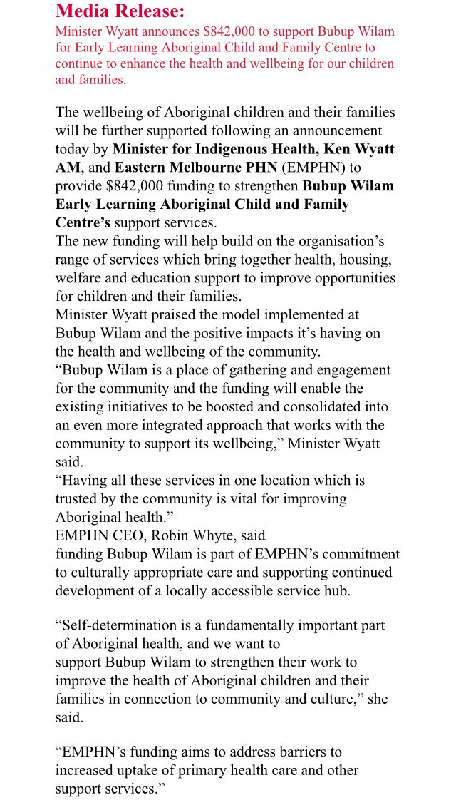 Thanks <a href="/EasternMelbPHN/">EasternMelbPHN</a> for $842k supporting #Aboriginal children&amp;families. #earlyyears #earlylearning helps #closethegap. #childcare