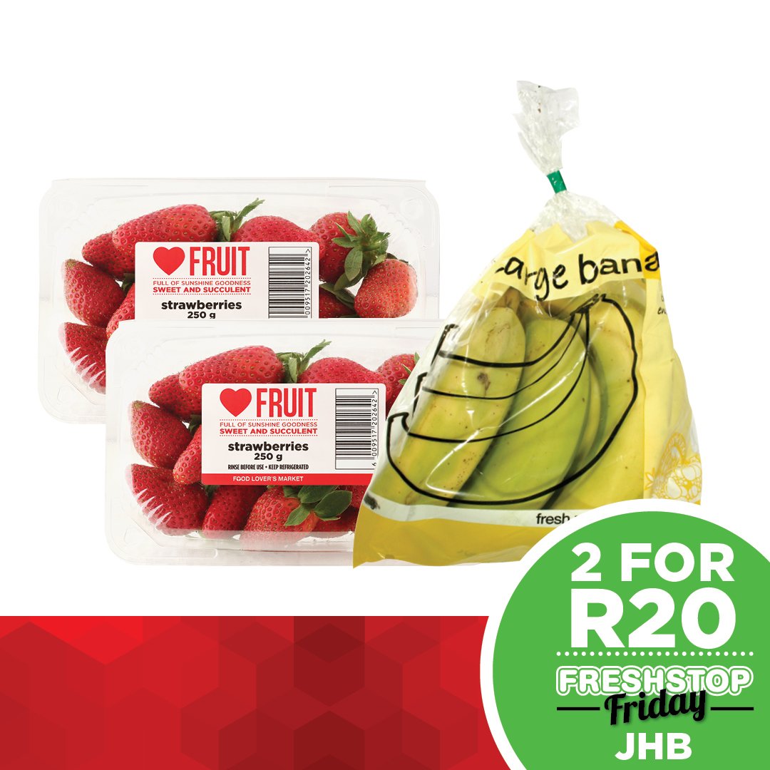 FreshstopSA's tweet photo. #FreshStopFriday at @Caltexsa inland regions: TWO Strawberry 250g punnets for R20 & get a banana thriftpack FREE! https://t.co/ge7GhIwsU2