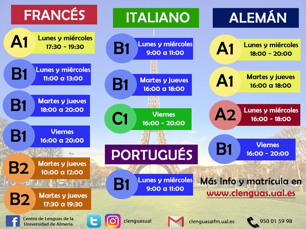 !Aún estás a tiempo de matricularte online de estos cursos!@ualmeria
FRANCÉS – ITALIANO – ALEMÁN – PORTUGUÉS 
!Te esperamos!