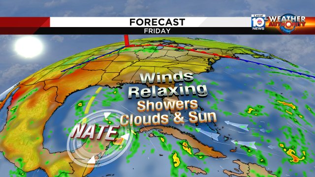 Winds will not be as stiff Friday. Expect a SE breeze sustained 10-15 mph, a bit more sun, showers still possible. https://t.co/3PBbxnlV2E