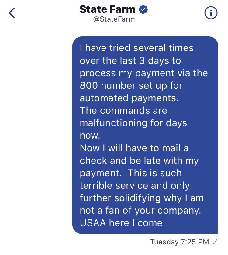 <a href="/StateFarm/">State Farm</a> - wow thanks a lot for responding to my concern. 2 days later and no reply. 👏🏻👏🏻way to earn customer loyalty!
