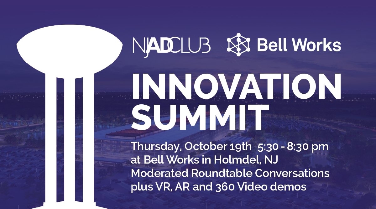 NJAdClub's tweet image. INNOVATION SUMMIT &amp;gt; expert moderated roundtables on #DesignThinking, #VR, #AR &amp;amp; #360Video demos. Oct. 19 &amp;gt; REGISTER: njadclub.org/events/calenda…