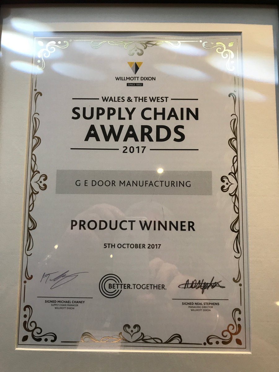 GE Door Manufacturing very proud to win the product award  at Willmott Dixon supply chain awards.