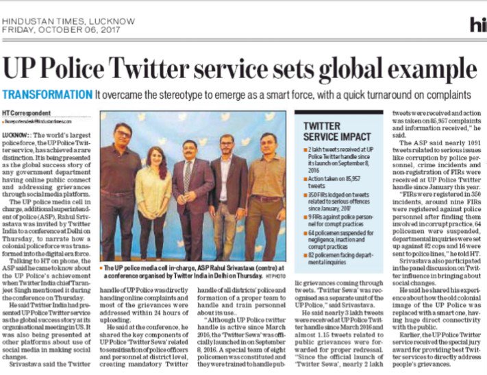 UP Police Twitter Service sets global example. Congratulations to <a href="/upcoprahul/">RAHUL SRIVASTAV</a> <a href="/Uppolice/">UP POLICE</a> <a href="/dgpup/">DGP UP</a> <a href="/CMOfficeUP/">CM Office, GoUP</a> <a href="/myogiadityanath/">Yogi Adityanath</a> <a href="/UPGovt/">Government of UP</a>