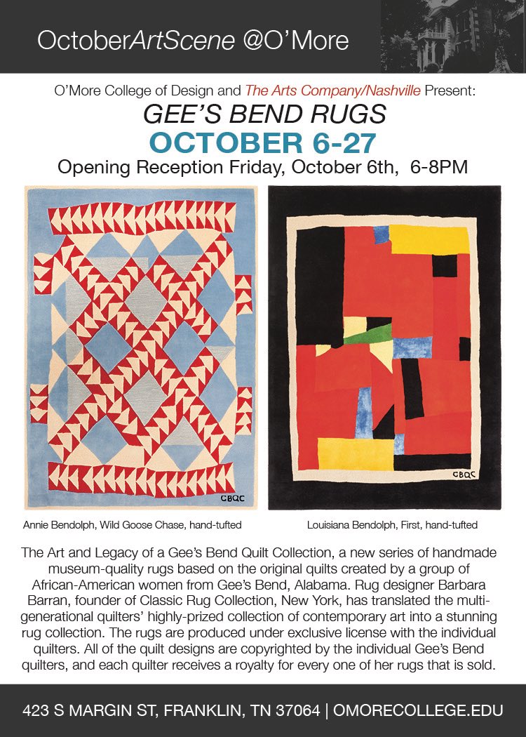 Join us for art crawl from 6-9 pm tomorrow featuring handwoven rugs by Gees Bend on display in the Robert N. Moore gallery on campus