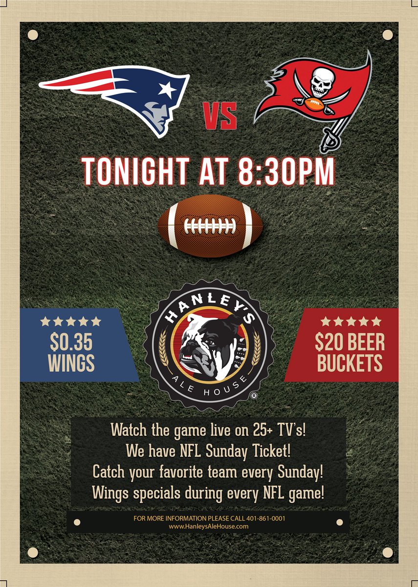 HanleysAle's tweet image. .@Patriots kick off at 8:25pm! Join us for $0.35c wings and $20 @budlight Beer Buckets!! Nightlife starts after the game w/ @deejtommydee