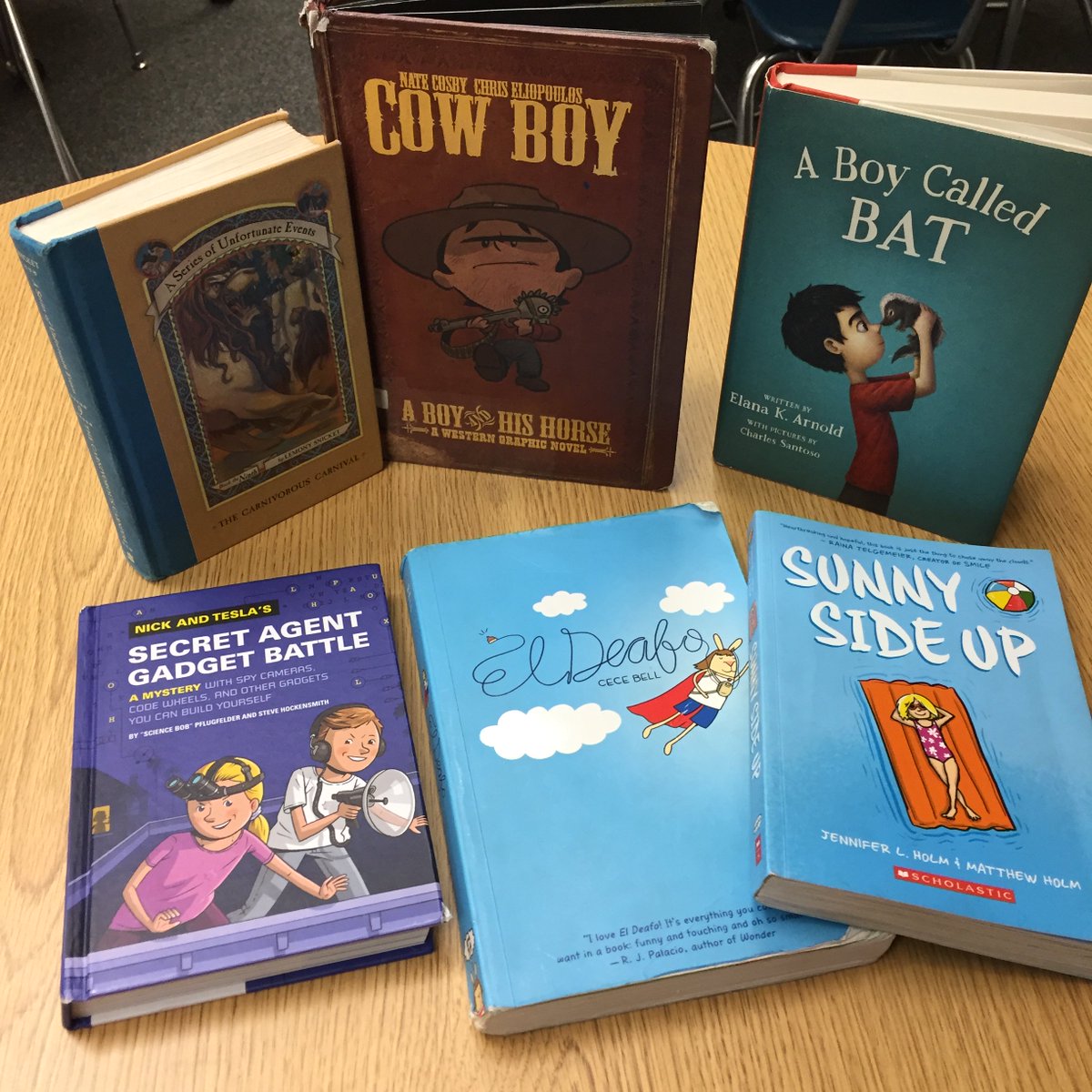 SelkesLair's tweet image. A stack of #5starreturns to the #lairlibrary includes A Boy Named Bat, a Nick &amp;amp; Tesla, and El Deafo.