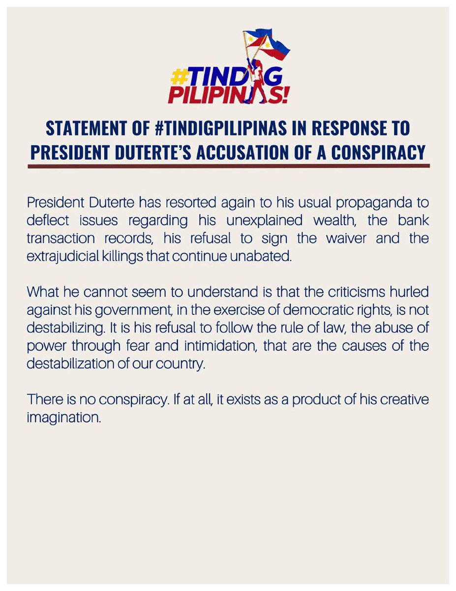 leahnavarro's tweet photo. #TindigPilipinas statement re Duterte conspiracy theories:
https://t.co/tlp1tBl6YV https://t.co/Ph86tfYt3m