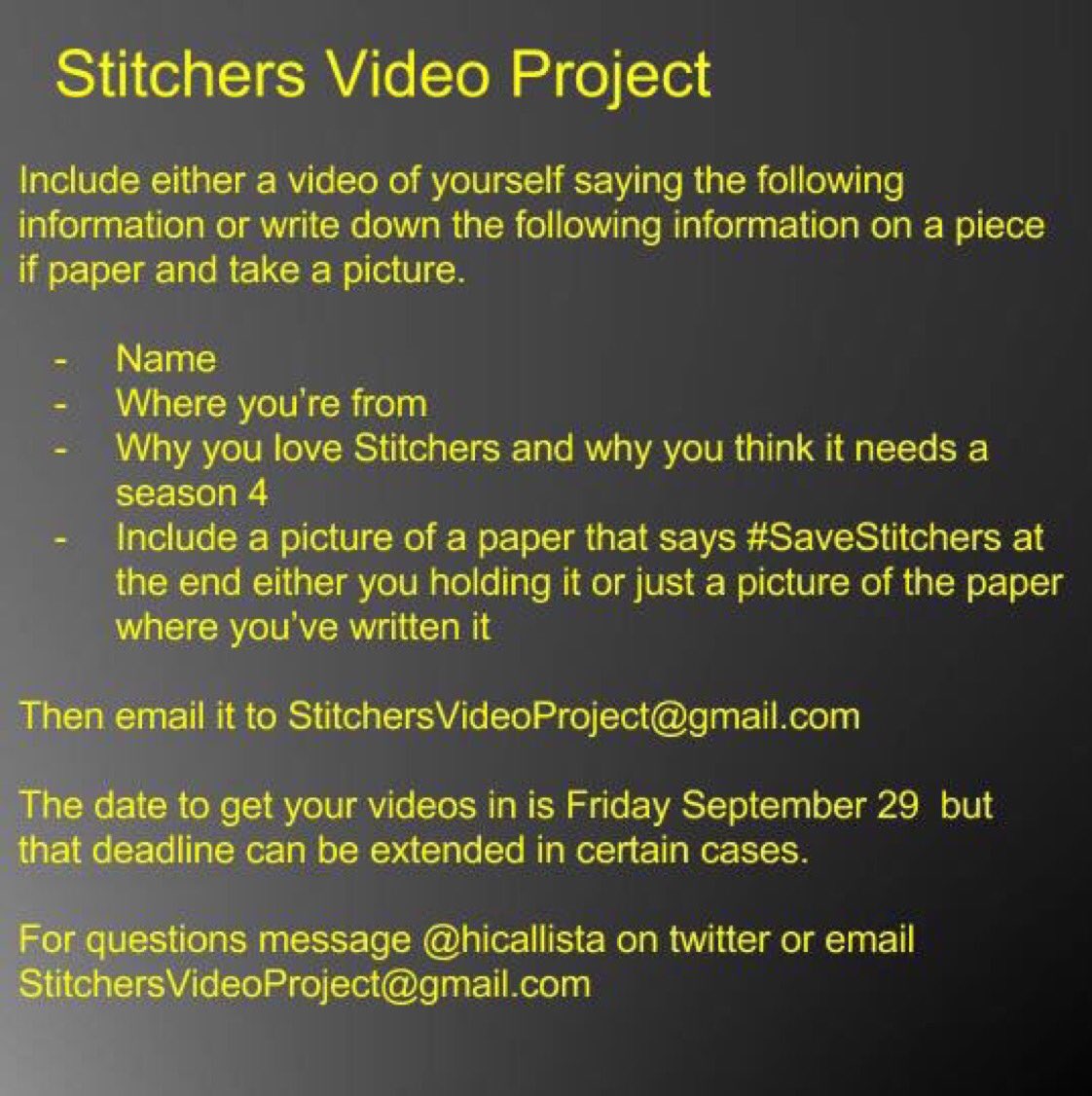 Last tweet of the night: please submit a clip or a pic for my project! If all goes well, it will be up tomorrow! #SaveStitchers #Stitchers