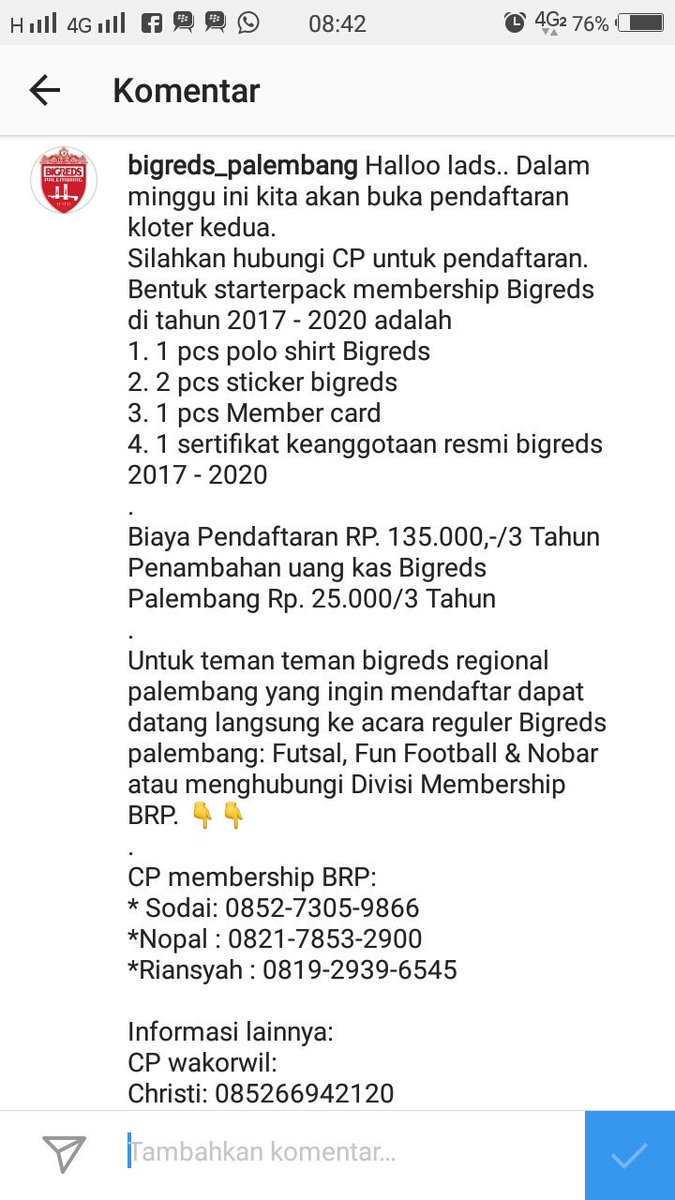 Ini contact person membership kita BigReds Palembang