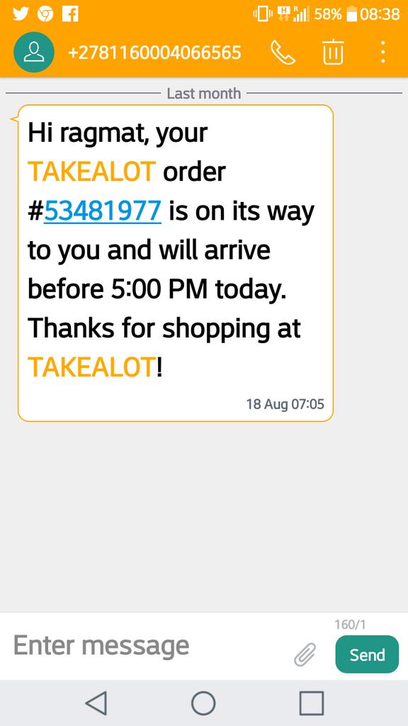 raggie_786's tweet photo. @TAKEALOT #FunDelivered receiving an sms like this makes my day and delivery is always a day earlier than scheduled https://t.co/sGWqxnwpDg