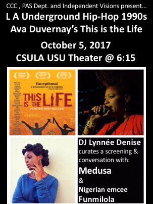 CCCatCalStateLA's tweet photo. The Legendary Medusa, Isis Stansberry, @_funmilola_ & @lynneedenise speaking on the film #ThisIsTheLife and #TheGoodLifeCafe at #CalStateLA. https://t.co/OpCnZq60BM