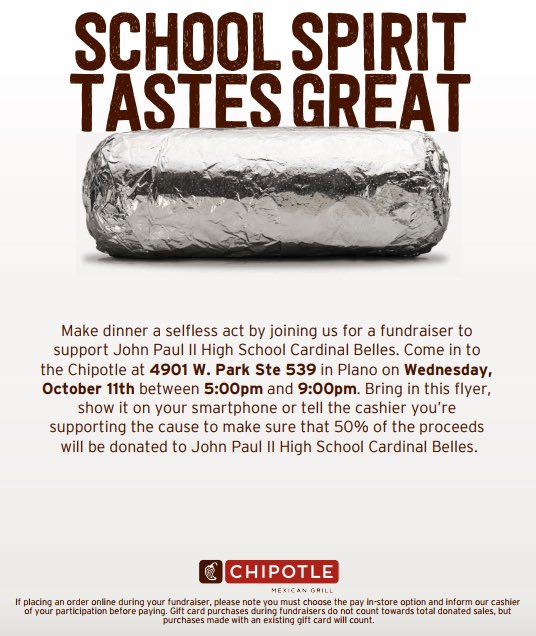 Mark your calendars! Our Chipotle Give Back Night is Wed Oct 11 from 5-9. Show this flyer and Belles will receive 50% of the proceeds!