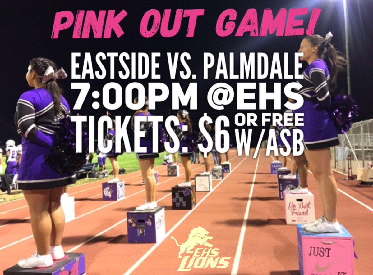 Eastside_cheer's tweet photo. Pink Out game tomorrow night! Come out to support your Lions and Breast Cancer awareness month! Wear pink to sit in student section! 🦁💕 https://t.co/u781AWE78d