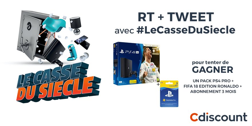 🏆 #Concours

🎮 #PS4Pro + #FIFA18 à gagner > bit.ly/2hMC5GS

🚨 Pour participer:
RT + Tweet avec #LeCasseDuSiècle 

Follow <a href="/Cdiscount/">Cdiscount</a>