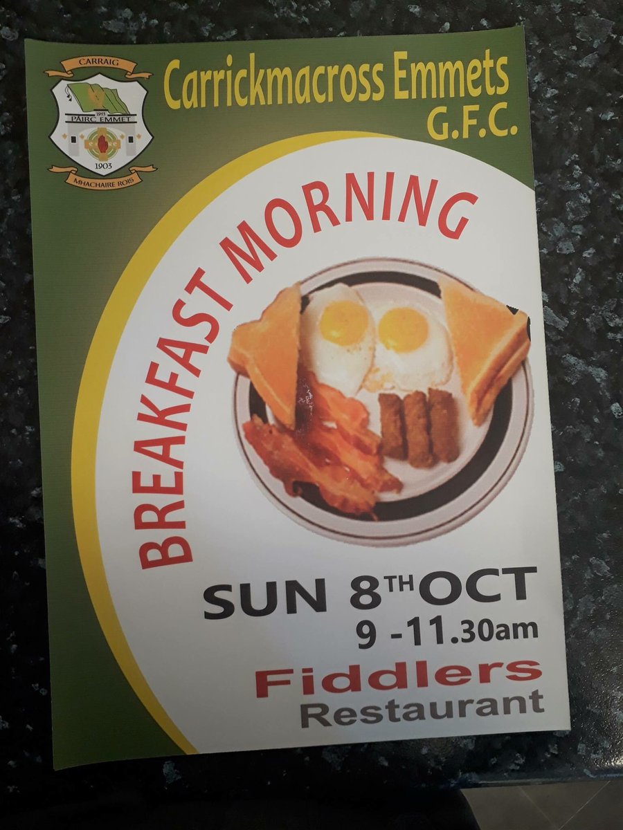 The Club would like to Wish the Best of Luck to @CarrickEmmets on Sunday in the Intermediate Championship Final. Breakfast from 9am to 11.30