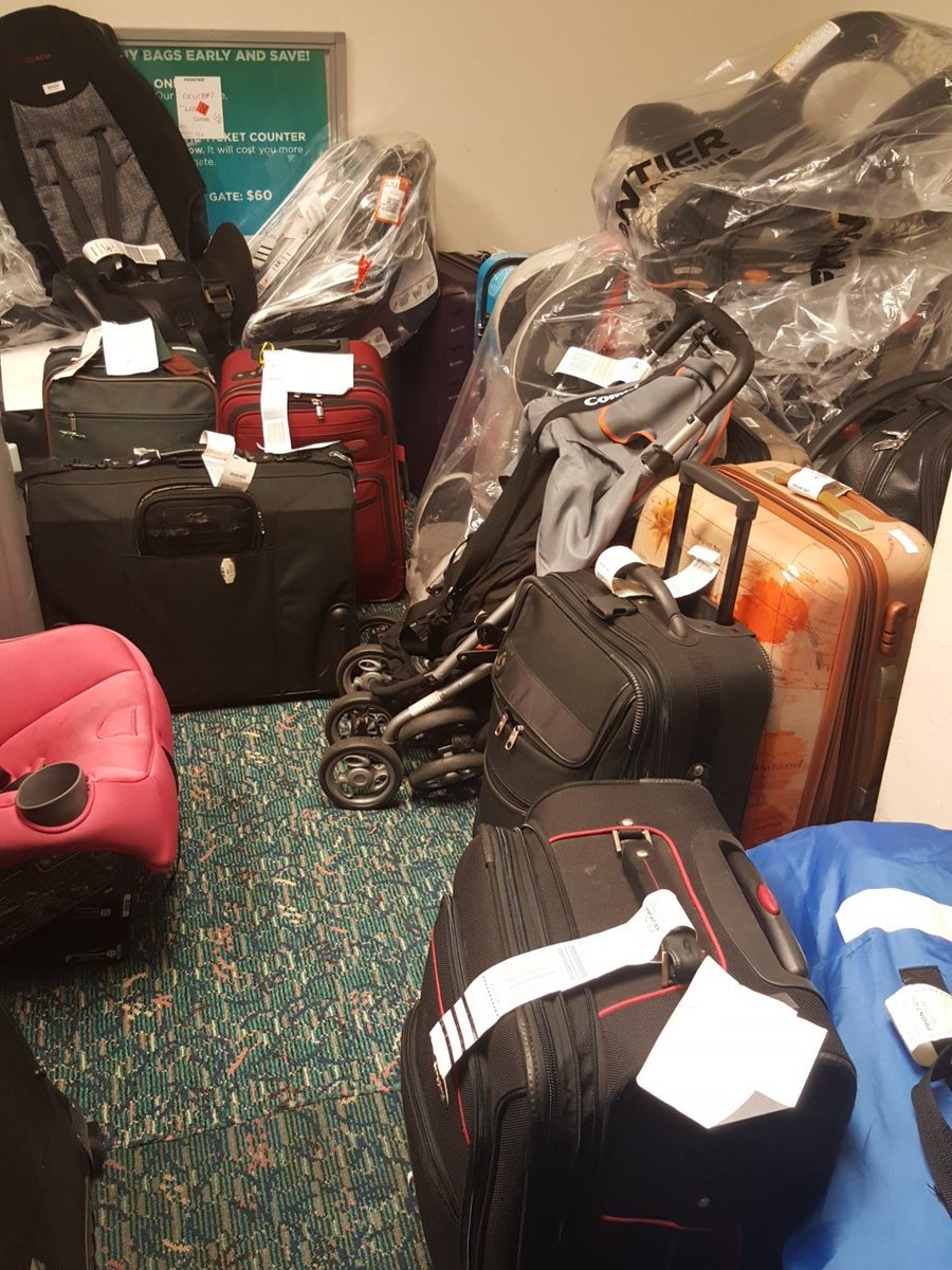askmeekss's tweet photo. These are lost luggage from other flights waiting to delivered.. so I guess this is the norm @FlyFrontier .. don't fly #frontierair https://t.co/nvhmzZgjWD