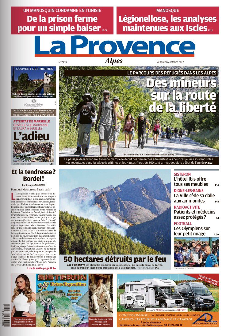 LaProvenceAlpes's tweet photo. A La #Une de LaProvence #Alpes #refugiés: #mineurs dans les #Alpes 
#Manosquin en #prison pour un #baiser en #Tunisie 
#legionnellose 
#Feu https://t.co/ZUZqrOnxYP