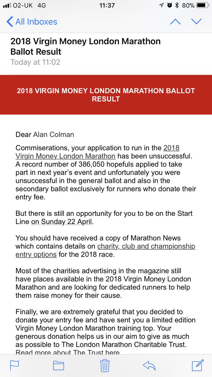 alancolman's tweet photo. And it’s a no for me... #LondonMarathon2018 #didntgetin https://t.co/CzcZwOQcDk
