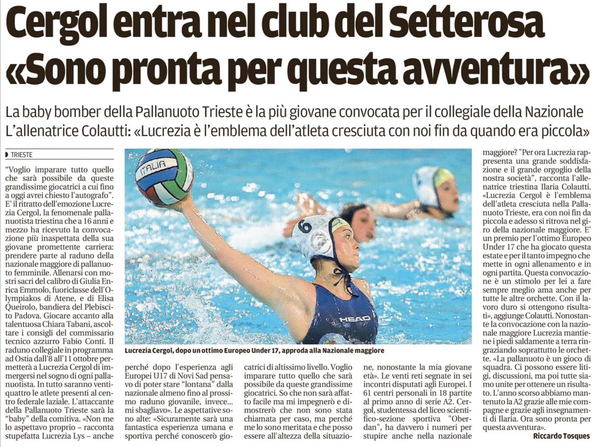 dariodigennaro's tweet photo. Lucrezia #Cergol entra nel club del #7rosa
L'attaccante della #PallanuotoTrieste convocata per il raduno azzurro
#rassegnastampa #pallanuoto https://t.co/sPesULh2sr