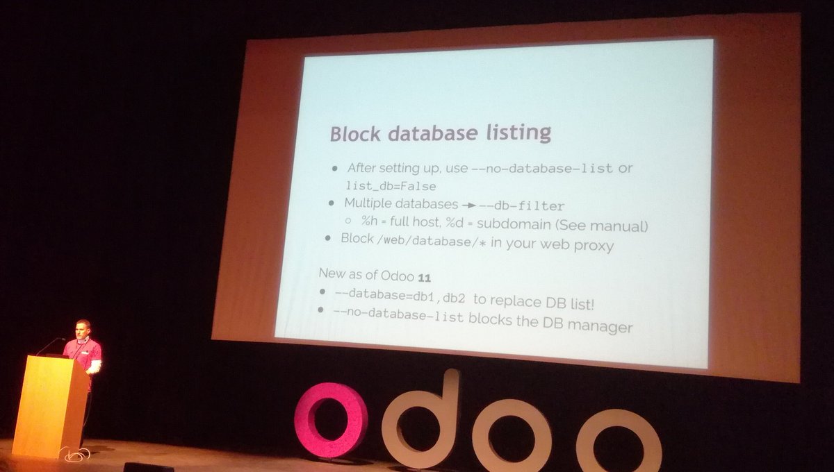 Odoo's tweet photo. To block the database manager, you can use the --no-database-list option. @odony at #OdooExperience https://t.co/cpjGzuJOtU