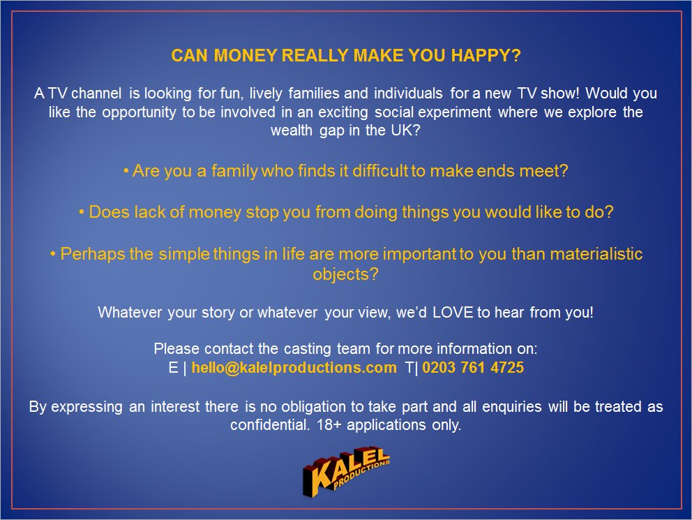 TV opportunity! Looking for families to take part in exciting documentary. Please email hello@kalelproductions.com for more info. Please RT!