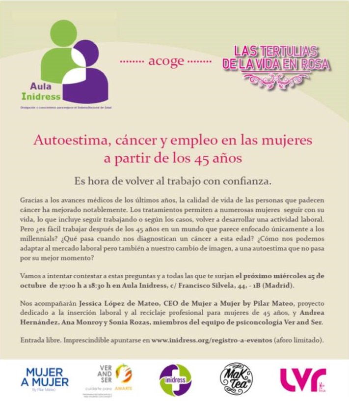 Inidress's tweet photo. Si eres mujer de más de 45 años, has superado un cáncer y buscas volver a la vida laboral, te esperamos el 25 de octubre en el #AulaInidress https://t.co/KP4dEA9nSc