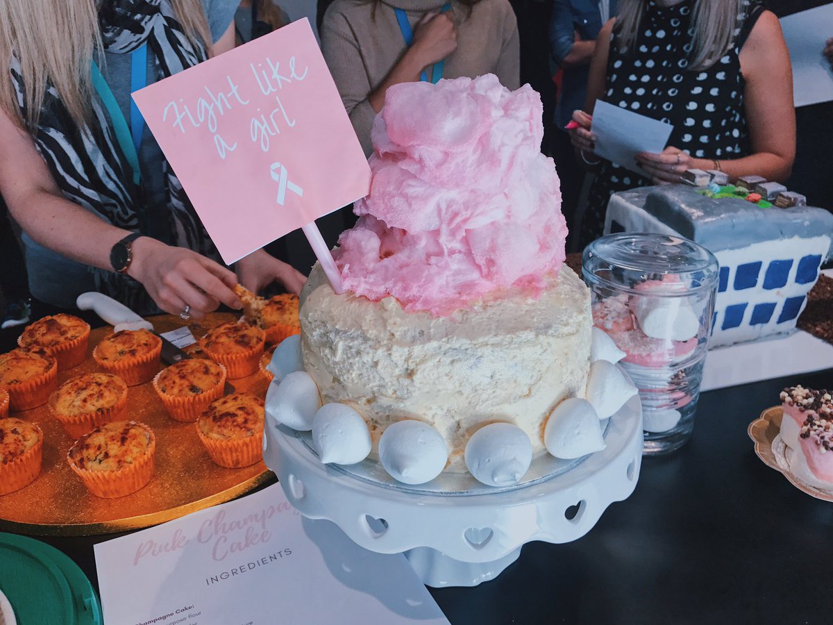 Derivco's tweet photo. For #BreastCancerAwarenessMonth, we have a pink champagne cake, complete with a candyfloss mountain topper too. Amazing! #FightLikeAGirl 🎀🌸💞 https://t.co/JoGDTv5NZc