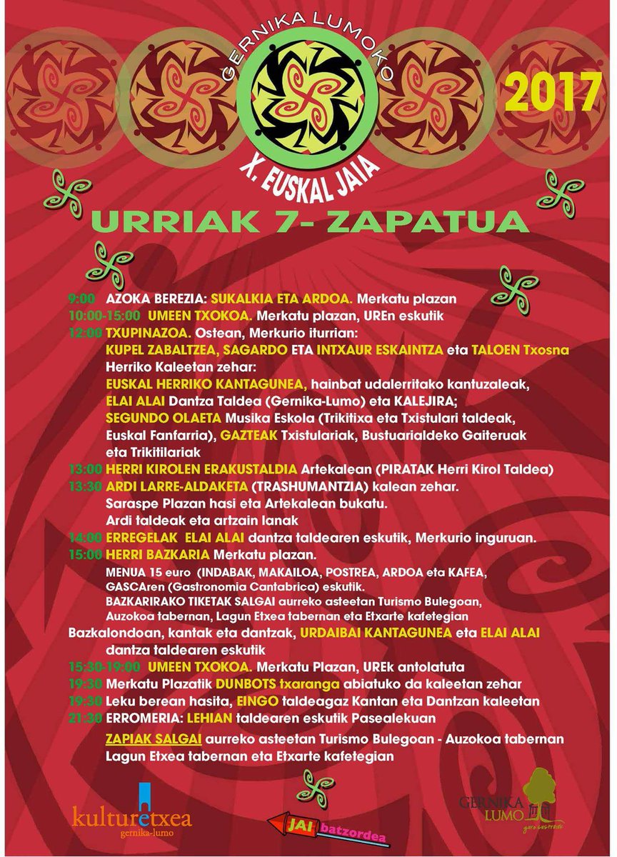 Urriaren 7ean #EuskalJaia ospatuko da #Gernika-Lumon. 
Etorri eta ondo pasa!!
<a href="/turismo_vasco/">TurismoVasco</a> <a href="/Basquetour_eus/">Basquetour</a> <a href="/Baskinmotion/">Agencia de viajes</a> <a href="/i_Euskadi/">Visit Euskadi</a>