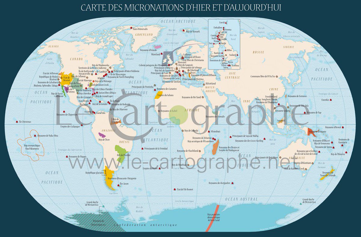 lecartographe's tweet image. Royaumes d’aventure. Ils ont fondé leur propre État de B. #Fuligni, cartographie d'A. Nicolas aux @les_arenes . Avez-vous déjà visité le royaume de Redonda, les principautés de Seborga, le Liberland, le royaume de Bir Tawil ou encore l’État gay et lesbien de Cato ?