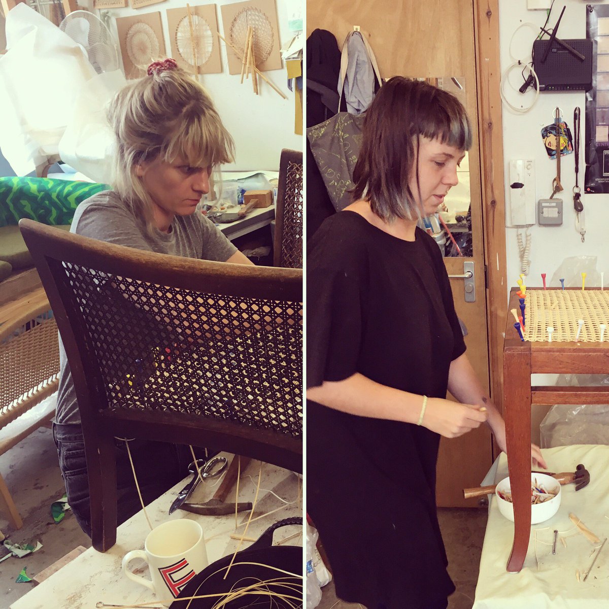 These two ⭐️ camera on the workshop this week! Deep concentration, great work!! <a href="/ElectraRD/">Electra Read-Dagg</a> #chaircaning #seatweaving #craft