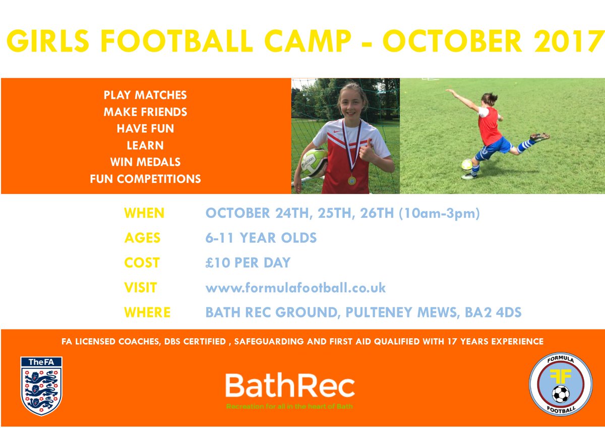 FormulaFooty16's tweet photo. Girls Football Camp with @bath_rec - please click here to sign up https://t.co/bK02tgILBA… @SomersetFA @bathmums @BathChron https://t.co/LQka6phhiJ