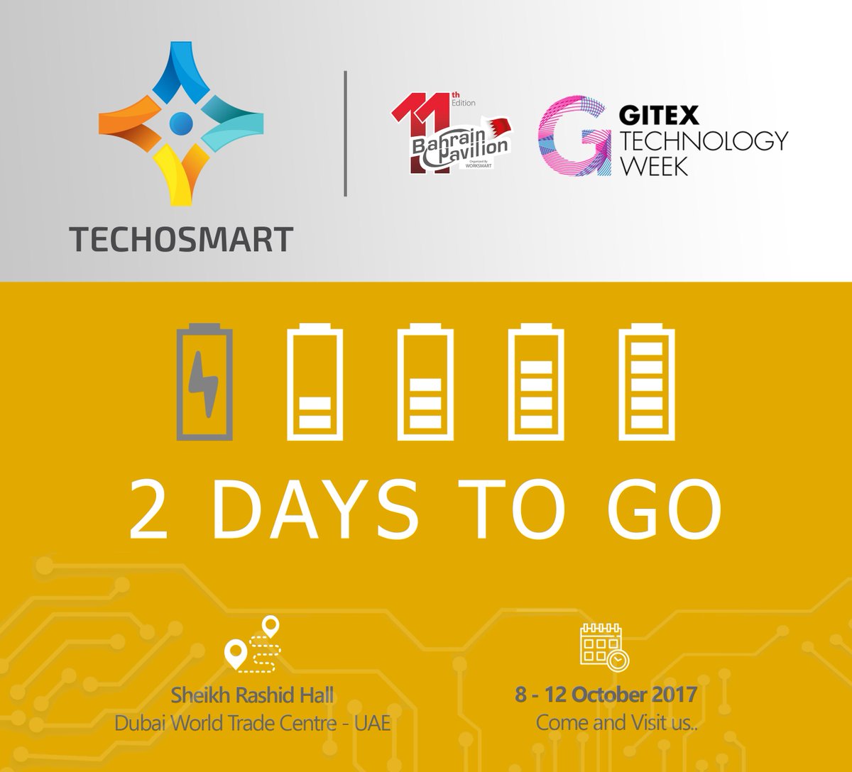 TechoSmartME's tweet image. 2 days left for @GITEXTechWeek #TechoSmart #Gitex #ICT #corporate #it #startups #SMEs #companies #Exhibition #gadgets #latest #innovation