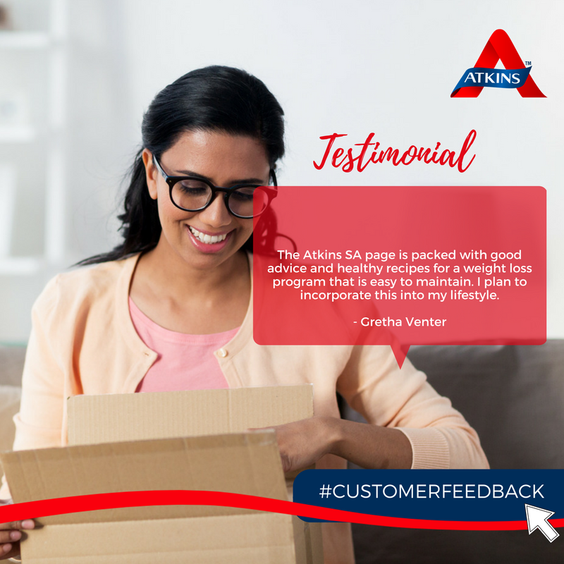 Atkins_SA's tweet photo. #FeedbackFriday We love reading about our #AtkinsCommunity's successes with this lifestyle and how much our advice and products have helpe … https://t.co/ViUq2e3T7x