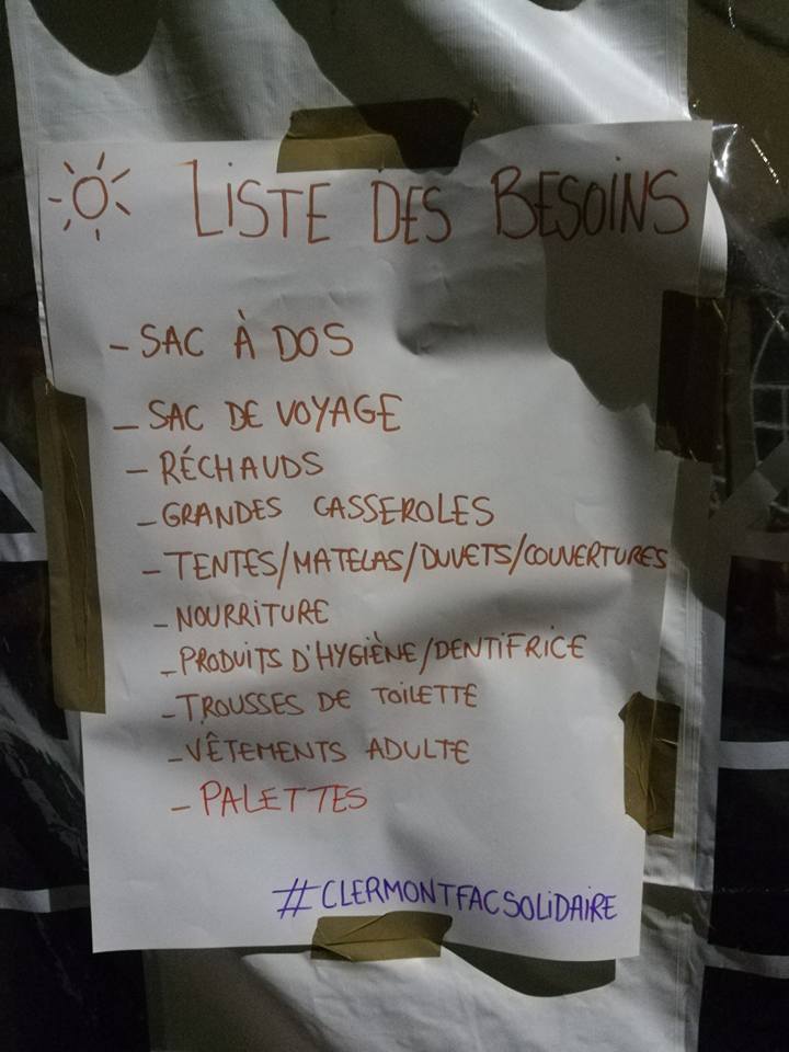 AvecCFS2026's tweet photo. J #4 à la #FacDeLettres de #ClermontFd. Besoin de monde et en prévision du froid de quoi se chauffer et se réchauffer #ClermontFacSolidaire https://t.co/67raQTGPWo