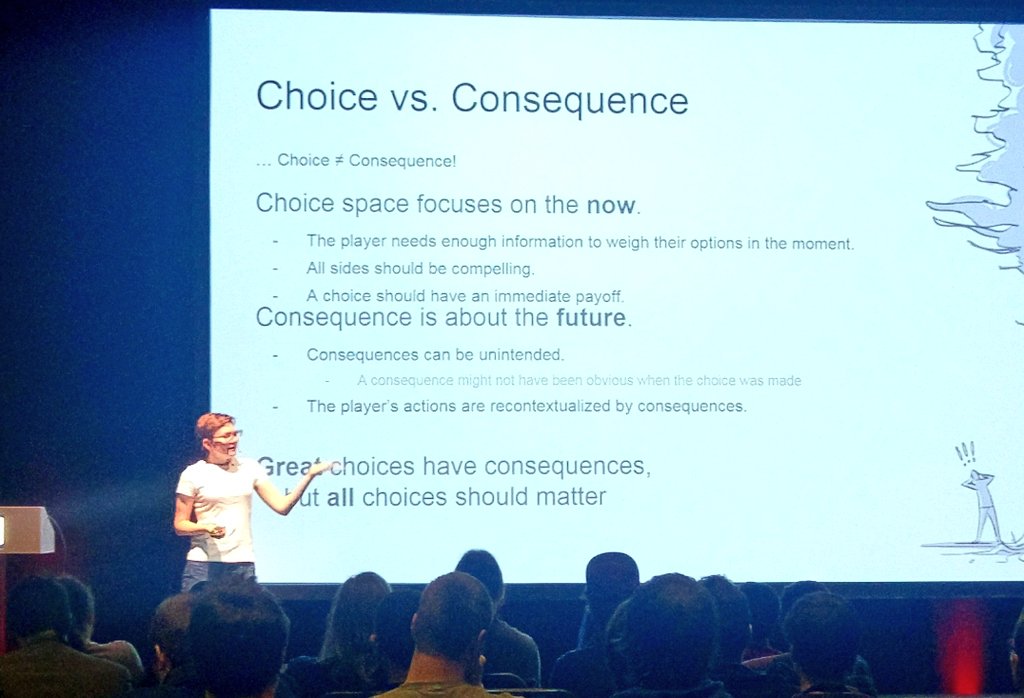 So much good and practical info about choices in narrative games with @Llyann at #konsoll17