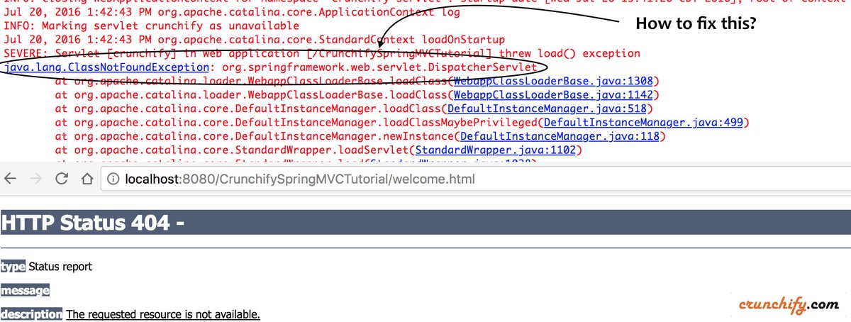 Crunchify's tweet image. How to fix #ClassNotFoundException: DispatcherServlet Exception - Spring MVC Tomcat and 404 Error crunchify.com/how-to-fix-jav…