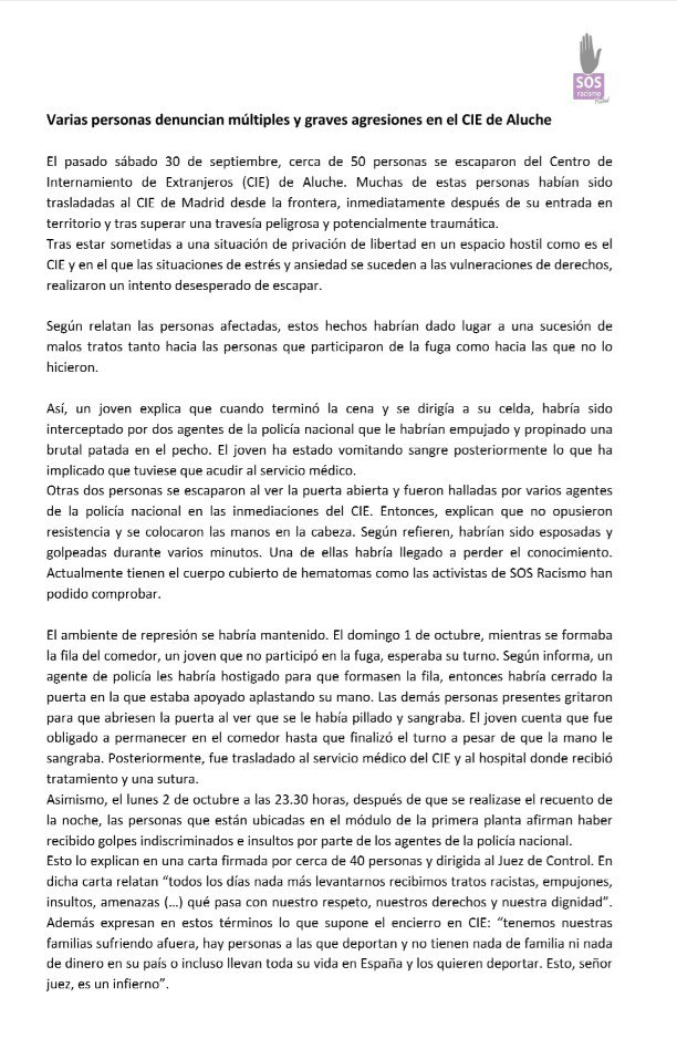 sosracismomad's tweet image. Varias personas denuncian múltiples y graves agresiones en el CIE de Aluche #CIEsNO #PNMaltrata sosracismomadrid.es/web/blog/2017/…