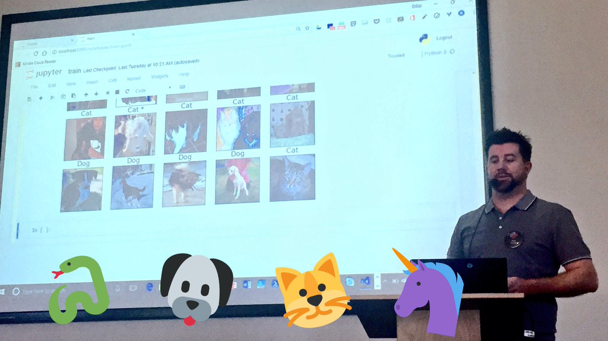 OfferZen's tweet photo. Gentle dive into deep learning with @dries139 @pyconza 🐈🐕🦄🌈🐍#PyConZA17 - identifying cats vs dogs is a great way to play with deep learning https://t.co/Ebv8F8rZRk