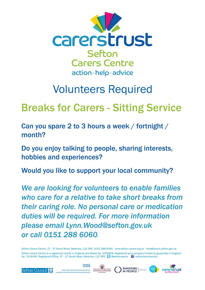We're currently looking for volunteers to enable families who care for relatives to take short breaks from their caring role #Sefton #Carers