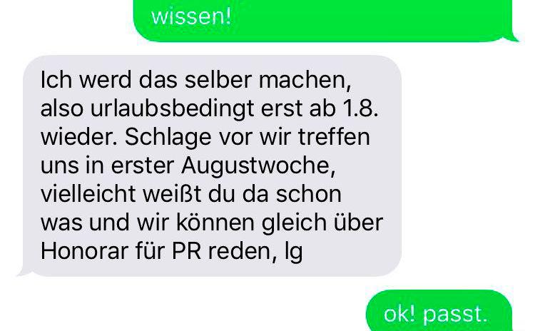 Puller sagt, Fleischmann hätte ihm 1) am 17.7.  €100.000 geboten und 2) am 19.7. vorgeschlagen, übers Honorar zu reden. Wie passt das?